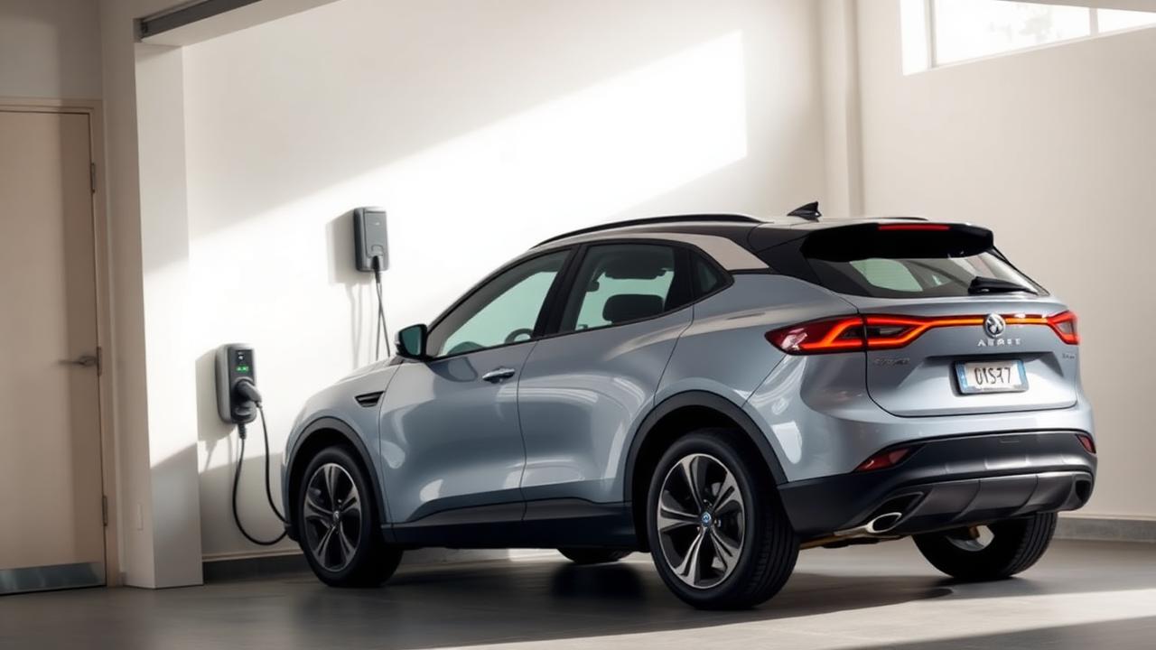 Electric vehicle plugged into a wall-mounted Level 2 home charger in a residential garage
