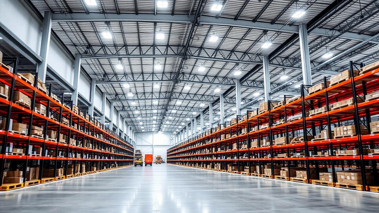 Modern warehouse interior with rows of high-bay LED fixtures overhead