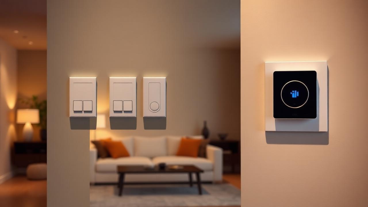 Modern living room wall featuring smart light switches, dimmers, and a wall-mounted smart hub